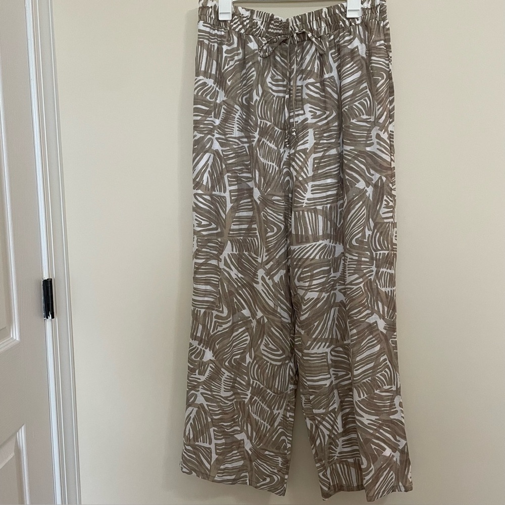 Mlle Gabrielle Tan White Smocked Waist Lined Wide Leg Pants Women’s Size XL